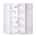 The aden + anais organic cotton muslin swaddle blanket 4 pack features GOTS-certified designs in gray and white, including stars, birds, clouds, and celestial maps with constellations and moons. Each sustainable pattern is distinctively repeated across the fabric.