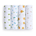 The aden + anais organic cotton muslin swaddle blanket 4 pack features four vertically arranged blankets, each adorned with different fruit patterns: green pears, blue berries, orange oranges, and red cherries—add a playful, sustainable touch to your baby product collection with these GOTS certified cloths.