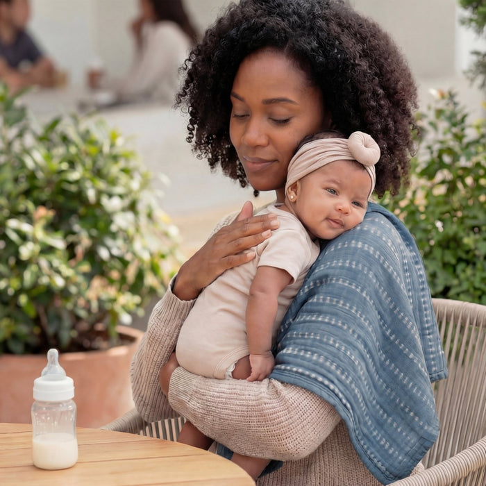 A woman with curly hair hugs a smiling baby in a headband and light onesie. They sit outdoors at a table draped with an aden + anais organic cotton muslin swaddle blanket 2 pack, baby bottle in front, greenery blurred behind.