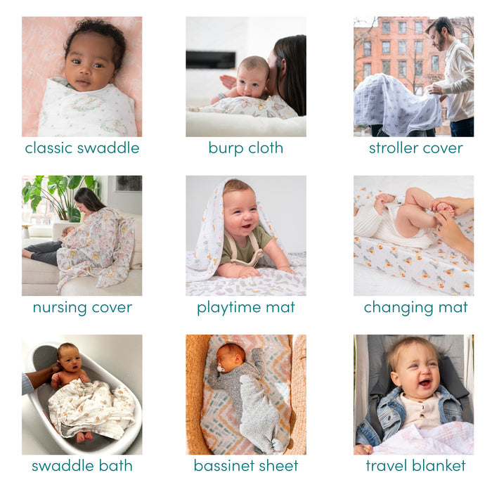 A grid of nine photos shows creative uses for the aden + anais Disney™ Winnie the Pooh essentials cotton muslin swaddle blanket 4 pack: classic swaddle, burp cloth, stroller cover, nursing cover, playmat, changing mat, bath wrap, bassinet sheet, and travel blanket.