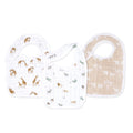The aden + anais organic cotton snap bibs 3 pack features quilted textures, adjustable fit, and rounded edges. The set includes three bibs: one with giraffes, another with zoo animals, and the third beige with white palm tree patterns.