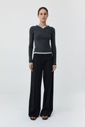 Organic Cotton V Neck Long Sleeve Top - Charcoal Melange