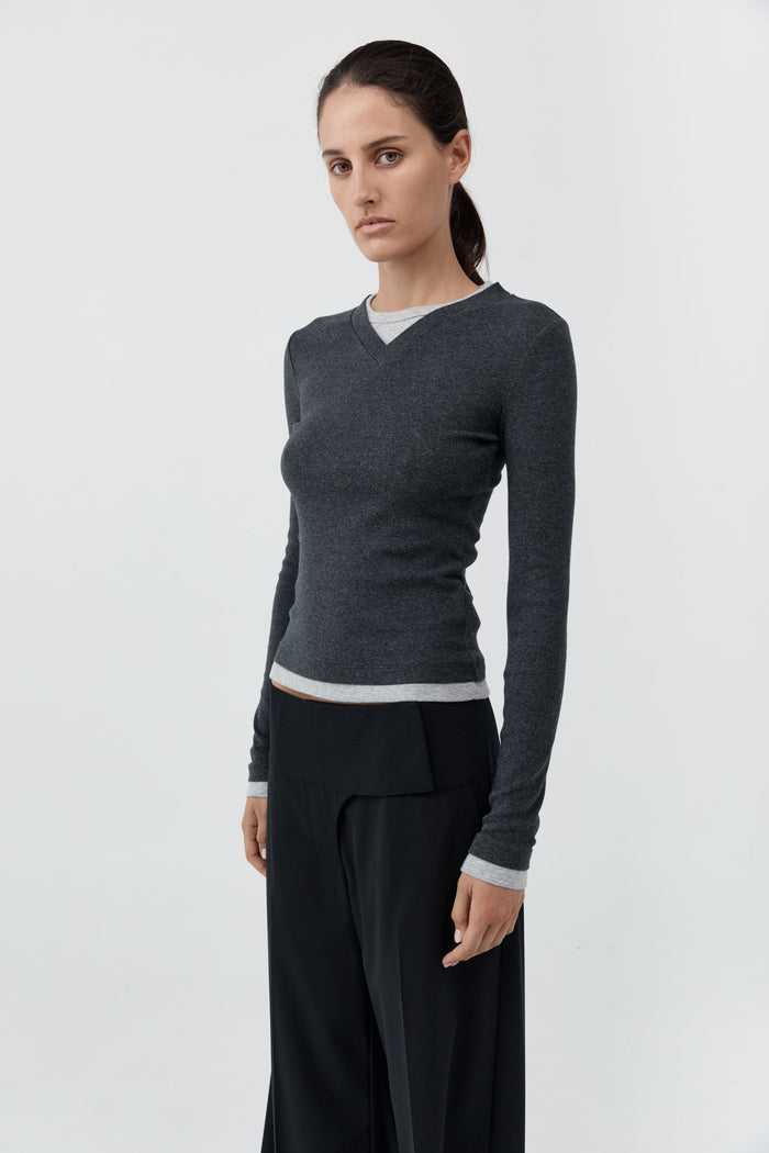 Organic Cotton V Neck Long Sleeve Top - Charcoal Melange