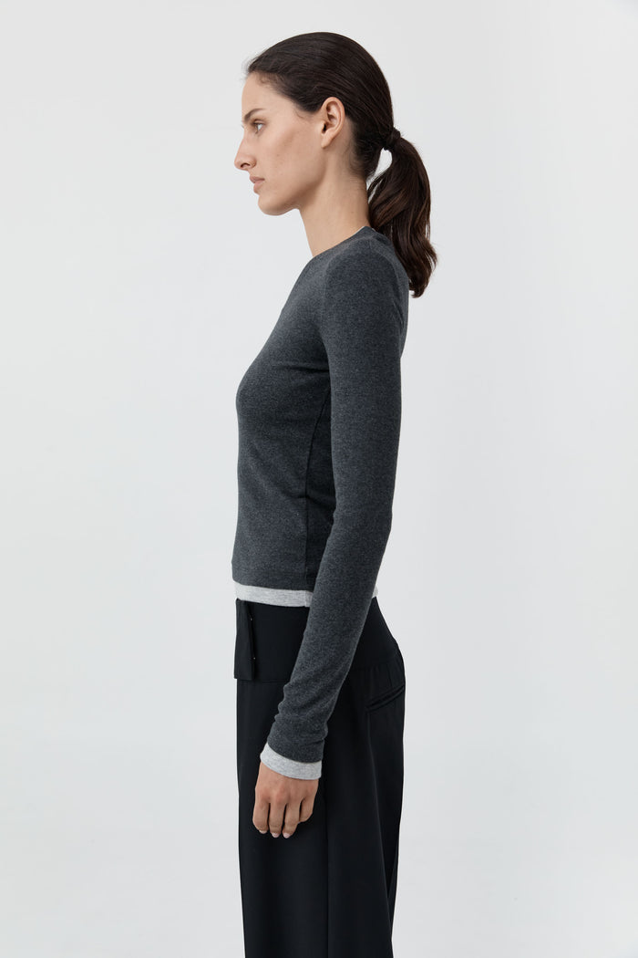 Organic Cotton V Neck Long Sleeve Top - Charcoal Melange