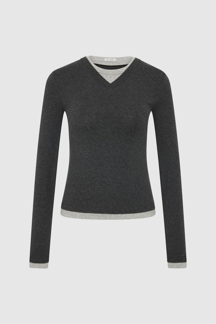 Organic Cotton V Neck Long Sleeve Top - Charcoal Melange