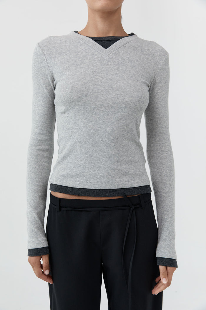 Organic Cotton V Neck Long Sleeve Top - Grey Marle
