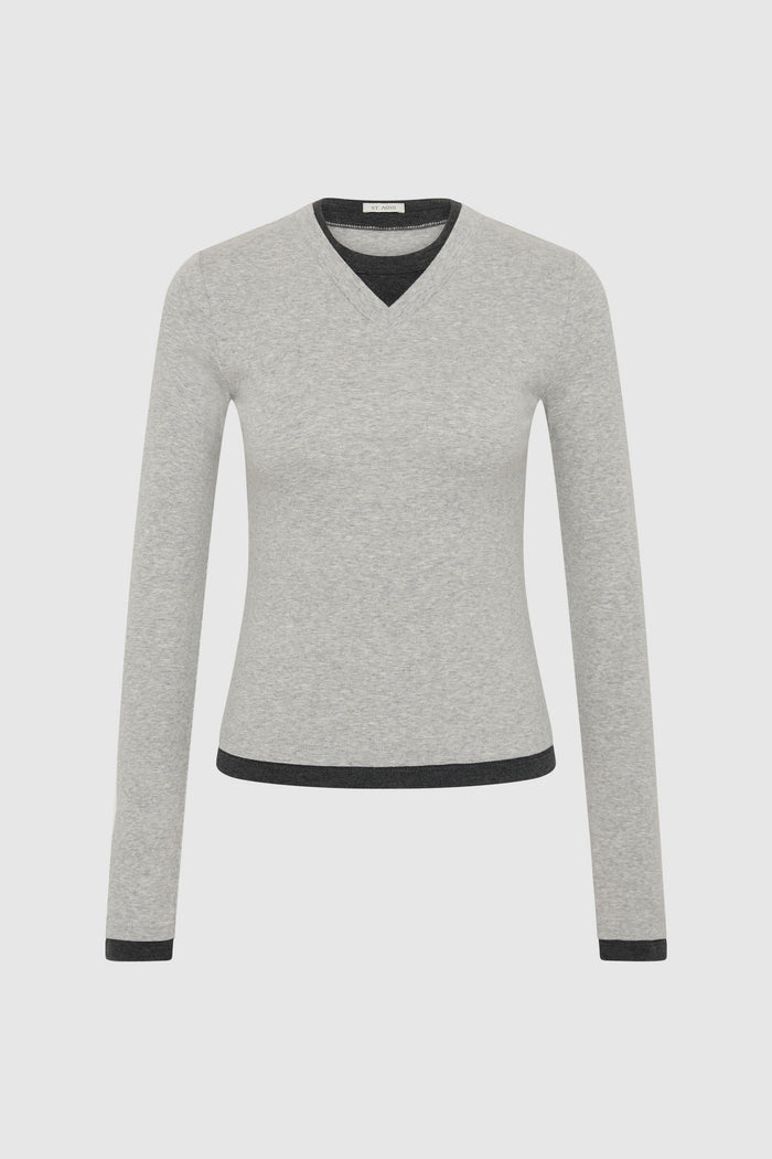 Organic Cotton V Neck Long Sleeve Top - Grey Marle