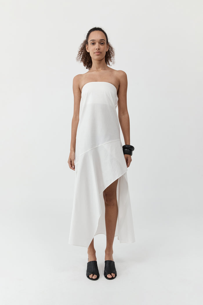 Oxford Strapless Asymm Dress - White