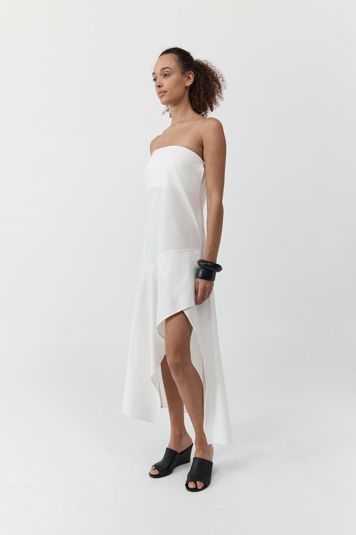 Oxford Strapless Asymm Dress - White