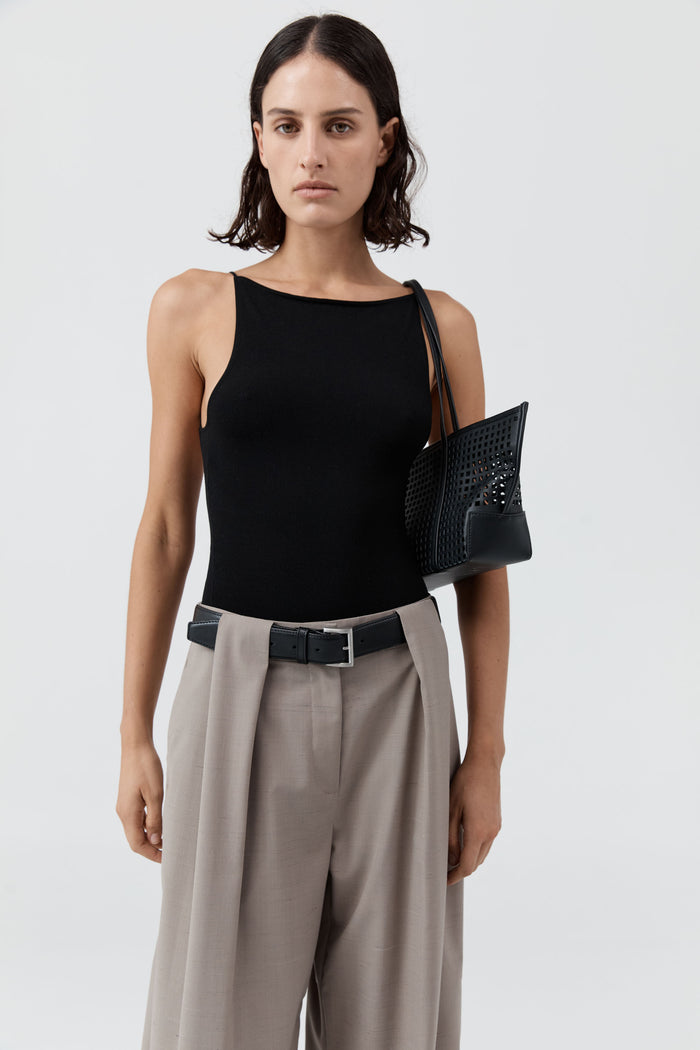 Perforated Slim Bateau Tote - Black