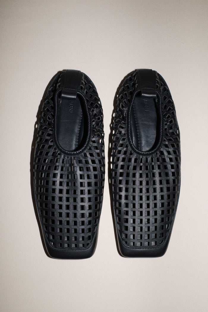 Perforated Square Toe Flat - Black