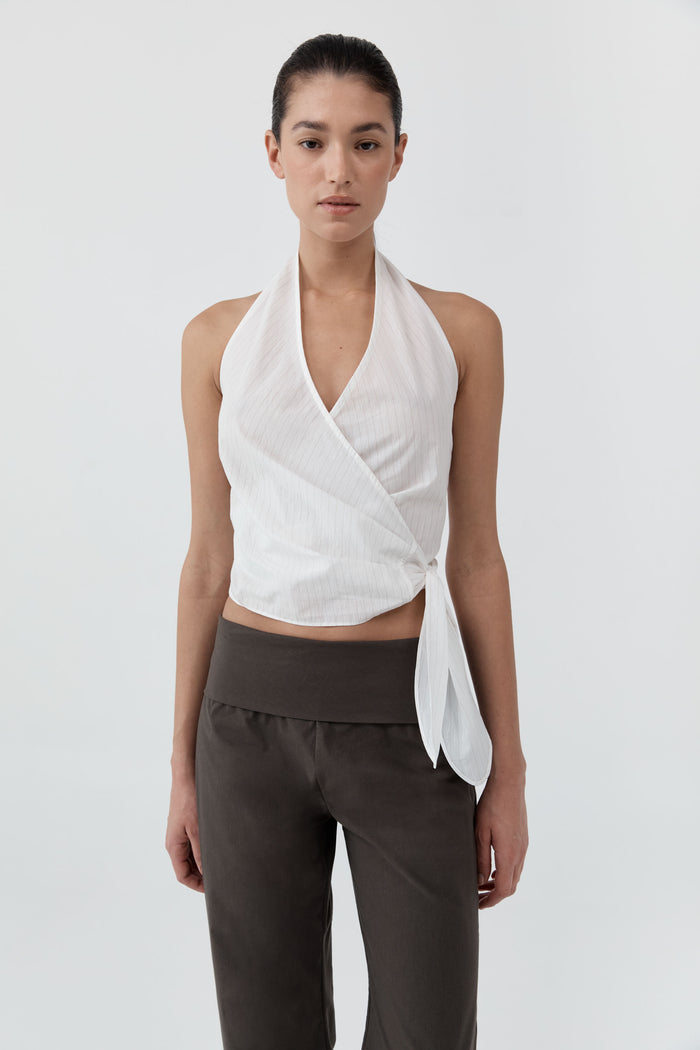 Pinstripe Halter Wrap Top - White