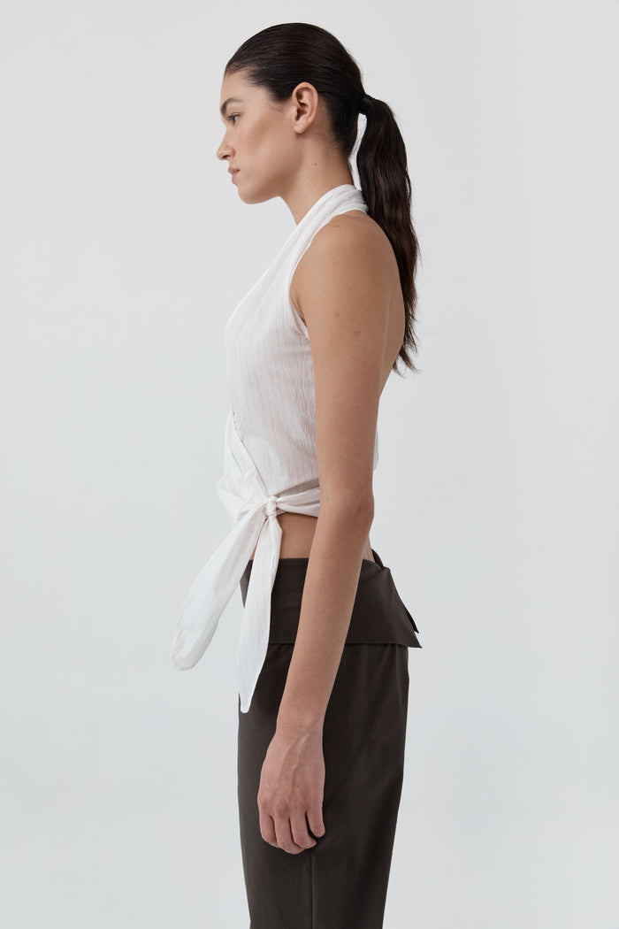 Pinstripe Halter Wrap Top - White