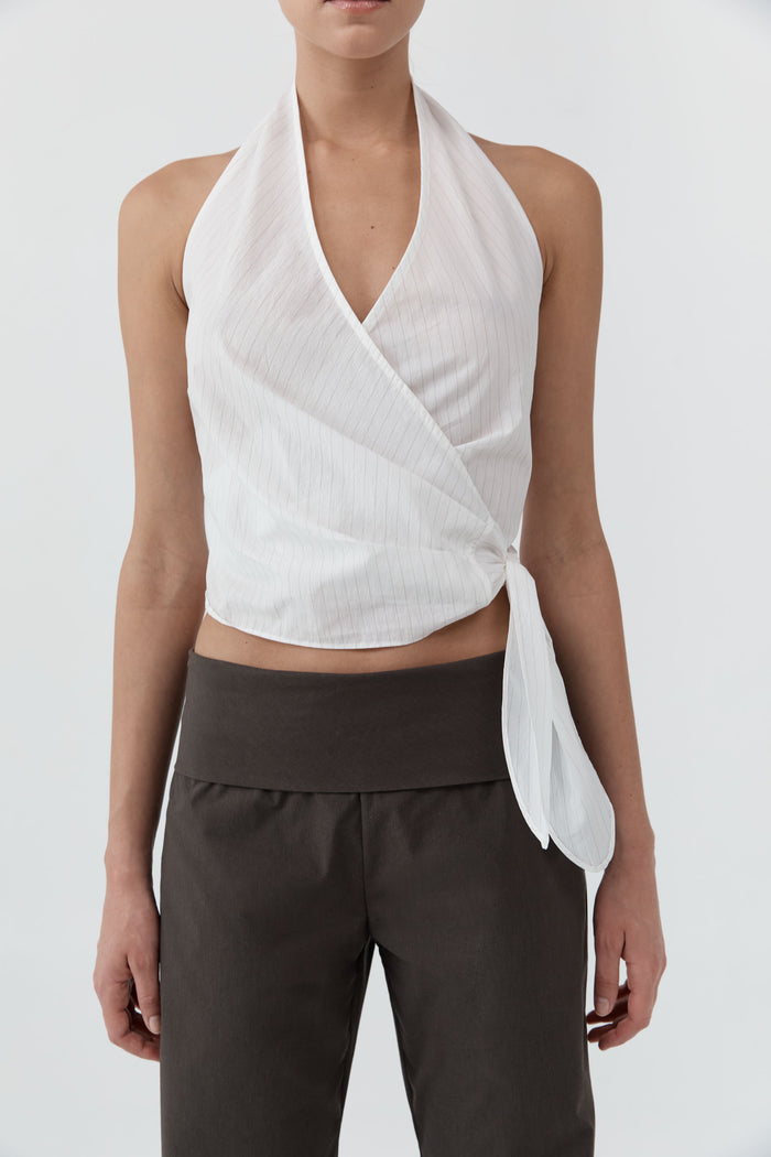 Pinstripe Halter Wrap Top - White