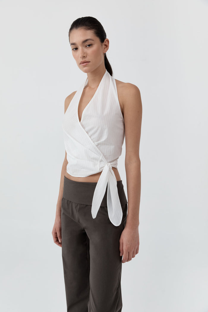 Pinstripe Halter Wrap Top - White