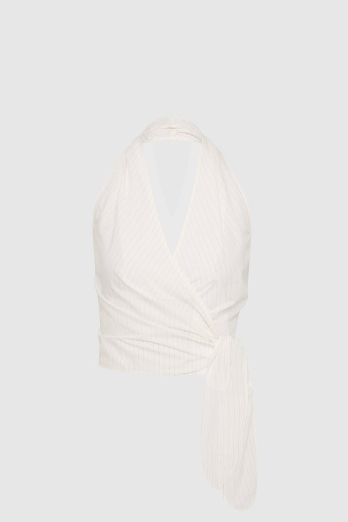 Pinstripe Halter Wrap Top - White