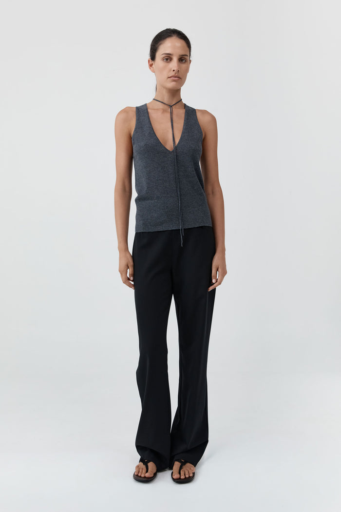 Plunge Rouleau Knit Tie Top - Iron Melange