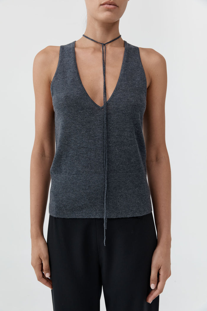 Plunge Rouleau Knit Tie Top - Iron Melange