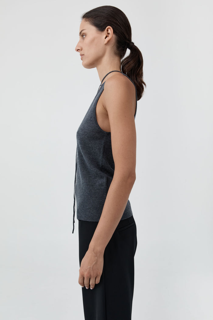 Plunge Rouleau Knit Tie Top - Iron Melange