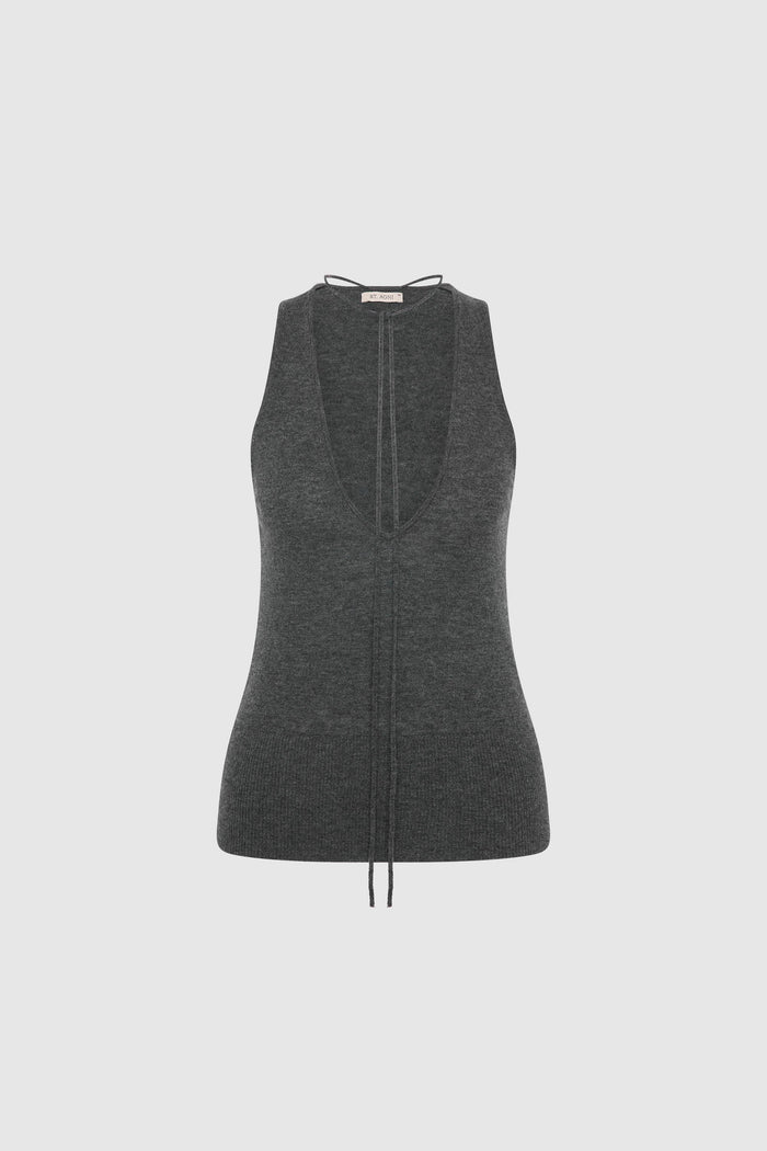 Plunge Rouleau Knit Tie Top - Iron Melange