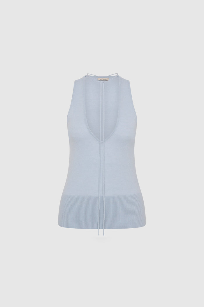 Plunge Rouleau Knit Tie Top - Light Steel