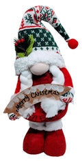Plush Standing Gnome Wearing Green Printed Winter Hat with Merry Christmas Sign