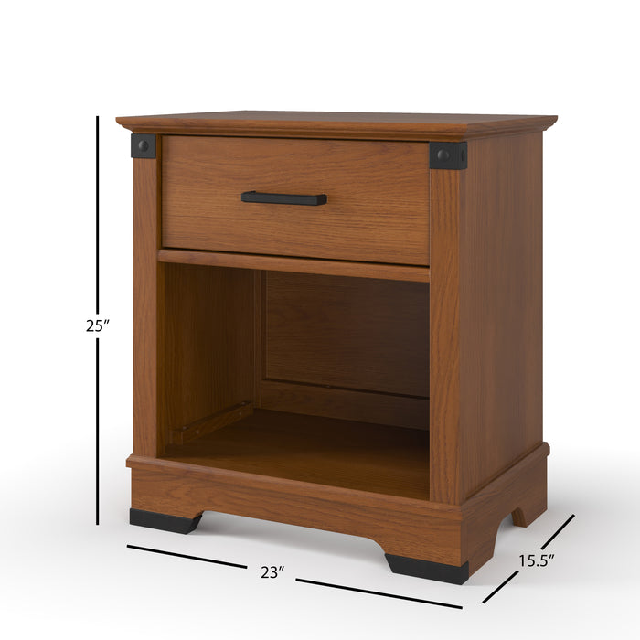 The Child Craft Redmond Nightstand in Coach Cherry features a single drawer, open shelf, and black accents. At 25" tall, 23" wide, and 15.5" deep, it’s a stylish bedside table for nurseries or bedrooms.