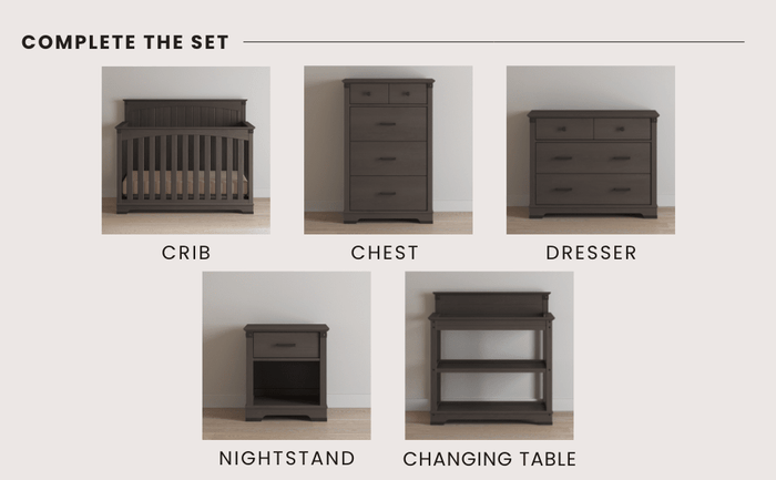 The Child Craft Redmond Nightstand in Dapper Gray is featured individually against a light wall and wood floor, highlighting its stylish design as part of a nursery furniture collection.