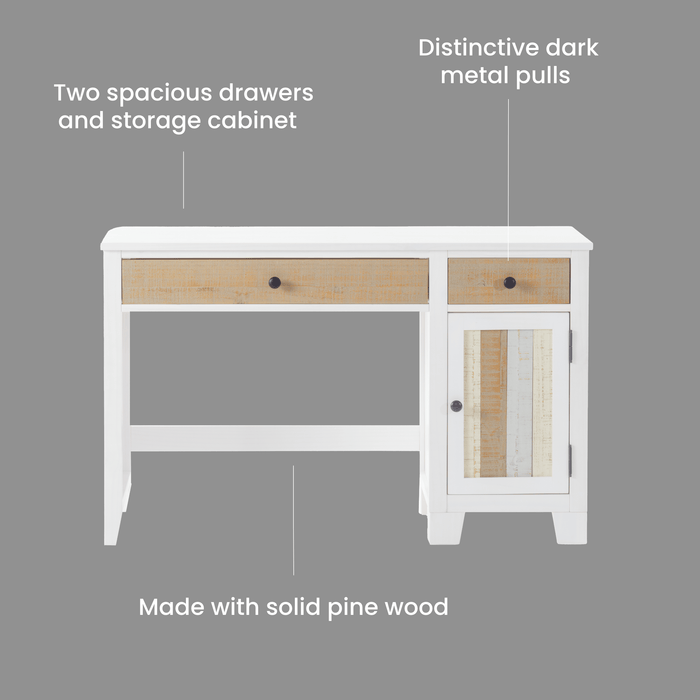 The Child Craft Rockport Desk - Sandstone features two spacious drawers, a storage cabinet with a multi-tone paneled door, and dark metal pulls, shown against a gray background with descriptive labels.