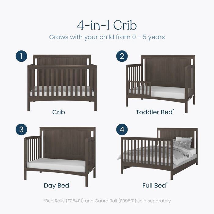 The Child Craft Scout 4-in-1 Convertible Crib in Dapper Gray transitions from crib to toddler bed with guardrail, day bed, and full bed, making it ideal nursery furniture that grows with your child from birth to age 5.