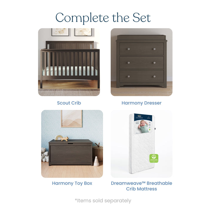 A graphic titled Complete the Set displays four baby nursery items: Child Craft Scout 4-in-1 Convertible Crib in Dapper Gray, a matching dresser, toy box, and white breathable crib mattress. Items are sold separately.