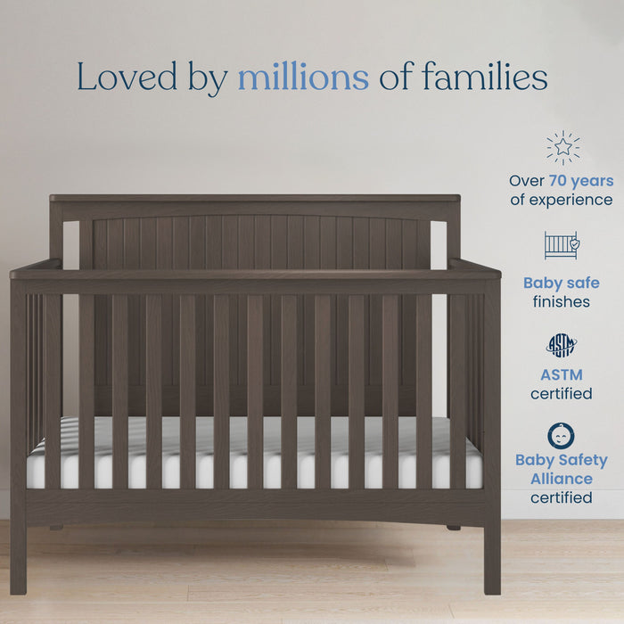 The Child Craft Scout 4-in-1 Convertible Crib in Dapper Gray is featured in a bright room. Text notes: “Loved by millions of families,” with icons for 70+ years’ experience, baby-safe finishes, ASTM and Baby Safety Alliance certified.