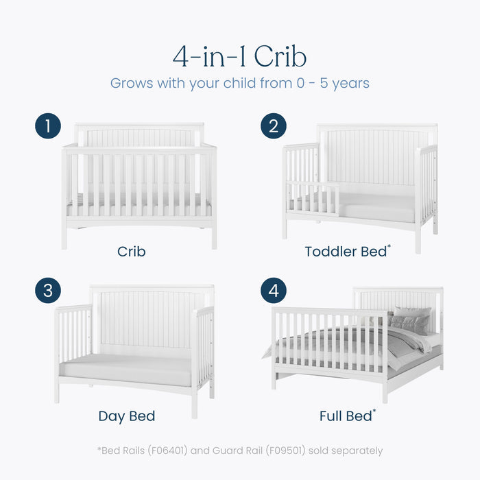 Four white Scout 4-in-1 cribs from the Child Craft Scout 3 Piece Nursery Set are shown in crib, toddler bed, daybed, and full-size bed stages. Text highlights how the set grows with your child from age 0–5; note that some conversion rails are sold separately.