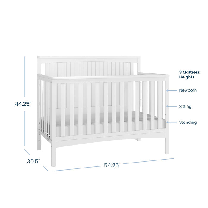 The Child Craft Scout 3 Piece Nursery Set features a white crib with slatted sides and back, measuring 44.25” high, 54.25” wide, and 30.5” deep, and includes three adjustable mattress heights for Newborn, Sitting, and Standing stages.