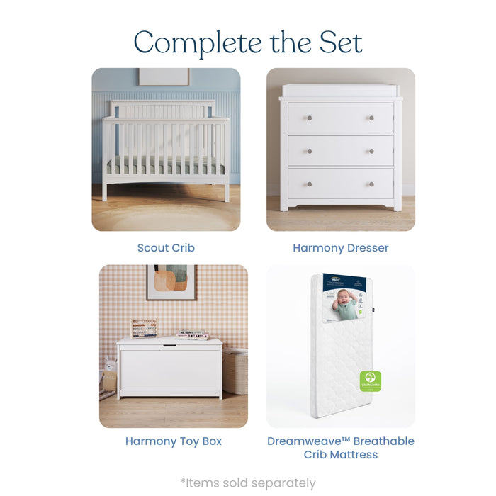 Here is a revised version of the sentence using your product data: Three white nursery items—a crib, a dresser, and a glider—each labeled with its name from the Child Craft Scout 3 Piece Nursery Set.