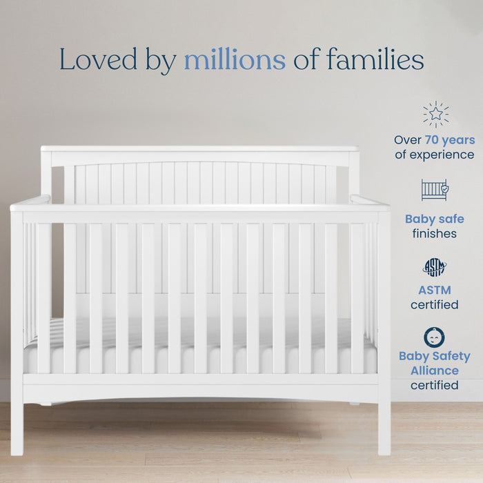 The Child Craft Scout 3 Piece Nursery Set with Crib, Dresser, and Glider—a trusted choice loved by millions of families. Features include over 70 years of expertise, baby-safe finishes, ASTM certification, and Baby Safety Alliance certification.