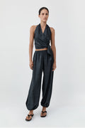 Silk Halter Wrap Top - Washed Black