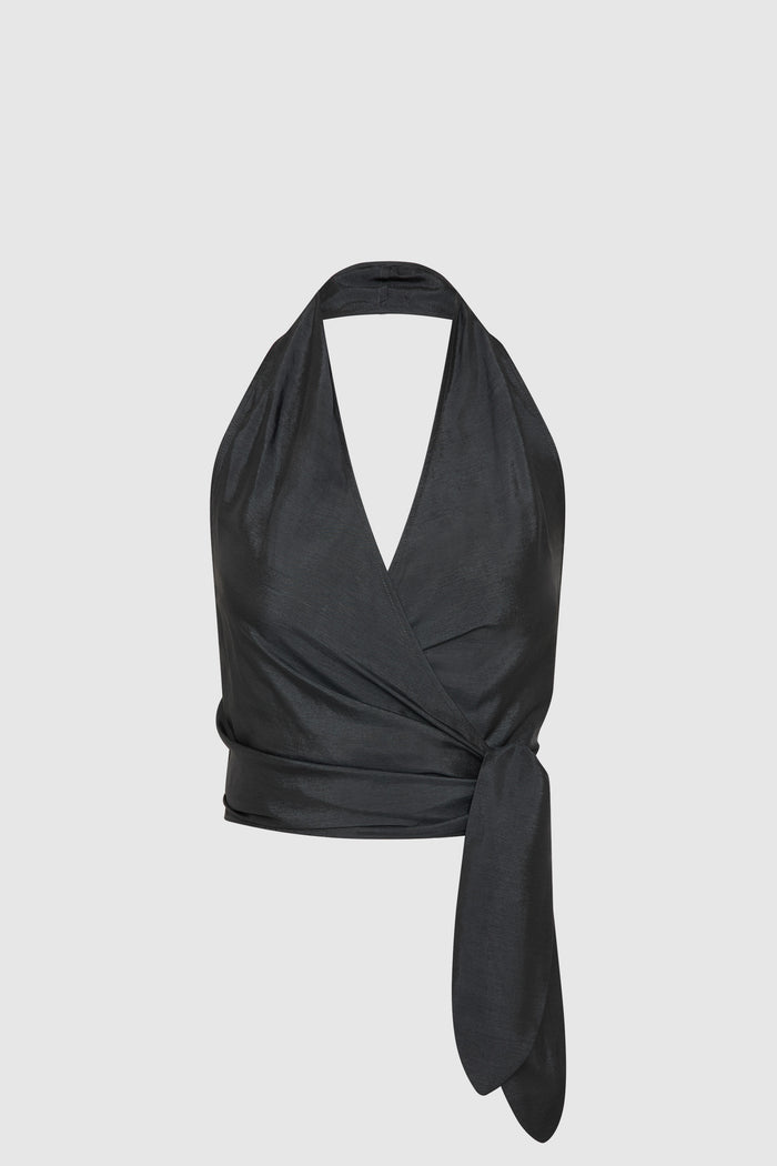 Silk Halter Wrap Top - Washed Black