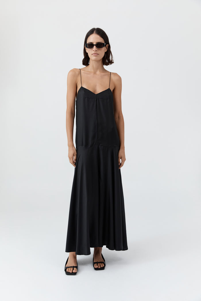 Silk Twill Relaxed Slip Dress - Black