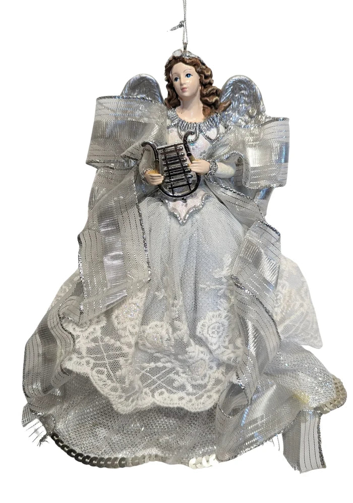Silver/ White Angel Ornament With Brown Hair Holding a Silver Harp