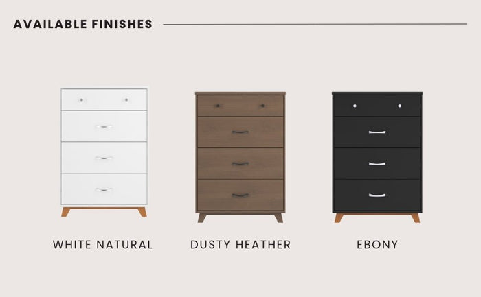 The Child Craft Soho 4 Drawer Chest in Dusty Heather blends mid-century modern style with function, featuring four spacious drawers, metal handles, and sturdy wood legs—perfect for stylish nursery organization.