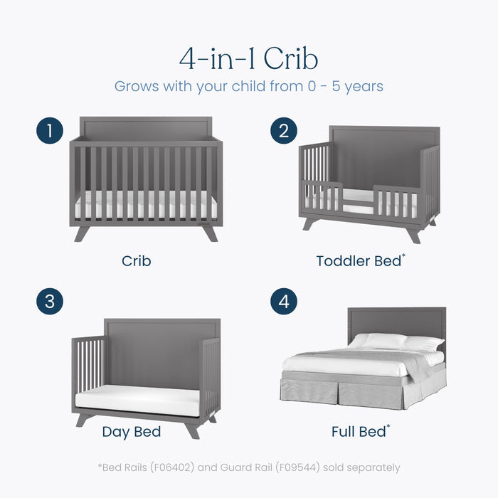Child Craft Soho 4-in-1 Flat Top Convertible Crib in Cool Gray transforms from crib to toddler bed, day bed, and full bed. Designed for ages 0–5; some rails sold separately.