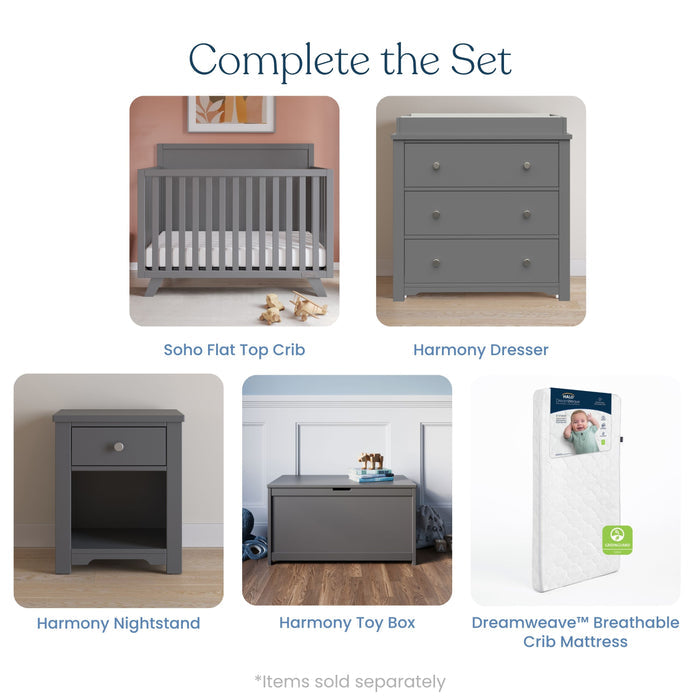 The Soho 4-in-1 Flat Top Convertible Crib in Cool Gray by Child Craft is displayed with matching gray nursery furniture and a white crib mattress under the text "Complete the Set." Each item is labeled and sold separately.