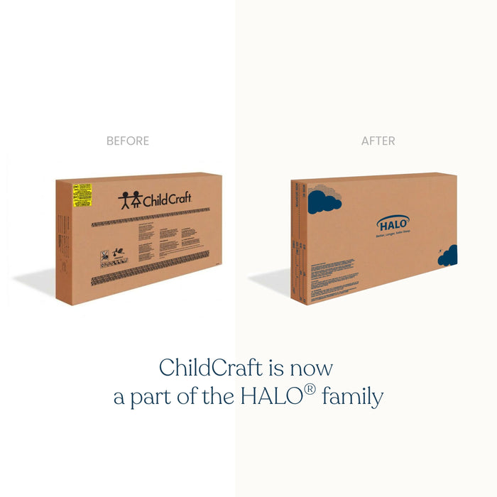 Side-by-side boxes: Before shows the Child Craft logo; After has the HALO logo. Text reads, The Soho 4-in-1 Flat Top Convertible Crib in Cool Gray from Child Craft is now part of the HALO family.