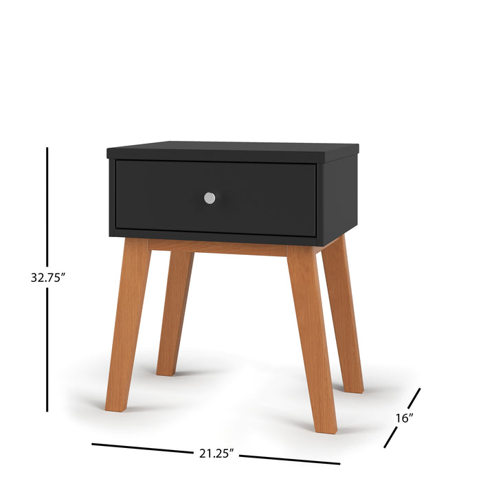 The Child Craft Soho Nightstand in Ebony is a small mid-century modern piece with one drawer, round silver knob, and four angled wooden legs—ideal for kids' rooms or nurseries. Dimensions: 32.75"H x 21.25"W x 16"D.