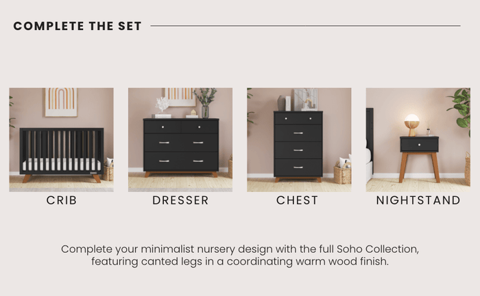 The Child Craft Soho Nightstand in Ebony, along with matching crib, dresser, and chest, all featuring wooden legs, are displayed from the Soho Collection against a pale pink wall.