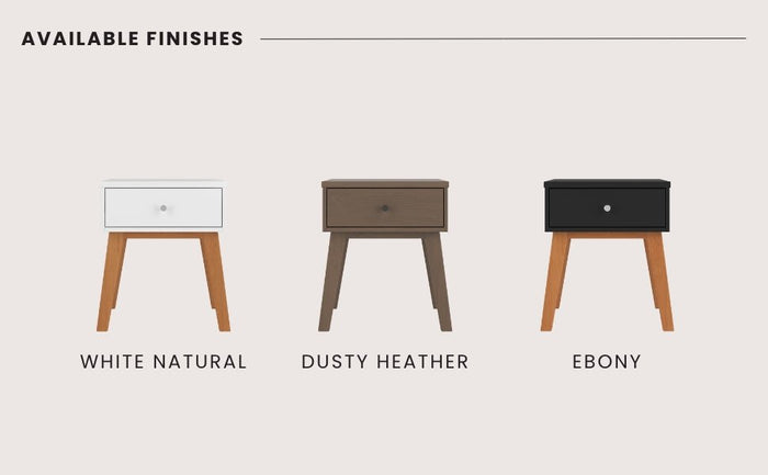The Child Craft Soho Nightstand, White/Natural, is a mid-century modern piece ideal for kids' rooms or nurseries. It features coordinating legs and comes in three finishes: white/natural, dusty heather, and ebony. Text reads Available Finishes.
