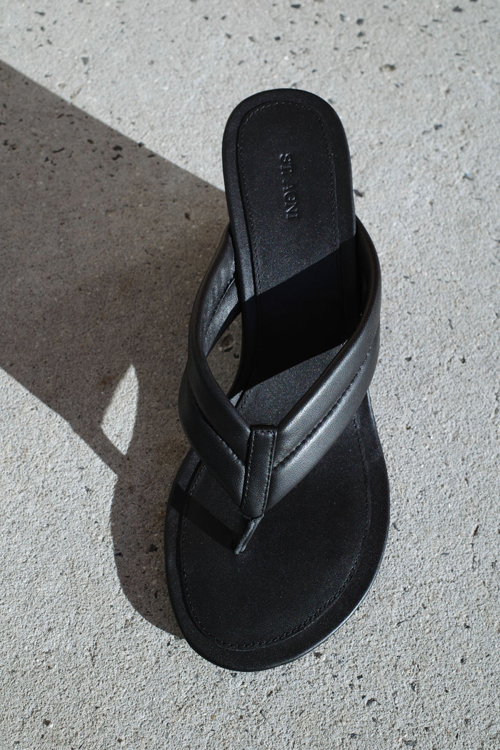 Stitch Detail Thong Wedge - Black