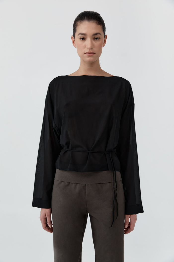 Stretch Silk Bateau Top - Black