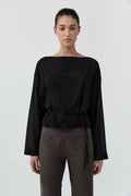Stretch Silk Bateau Top - Black